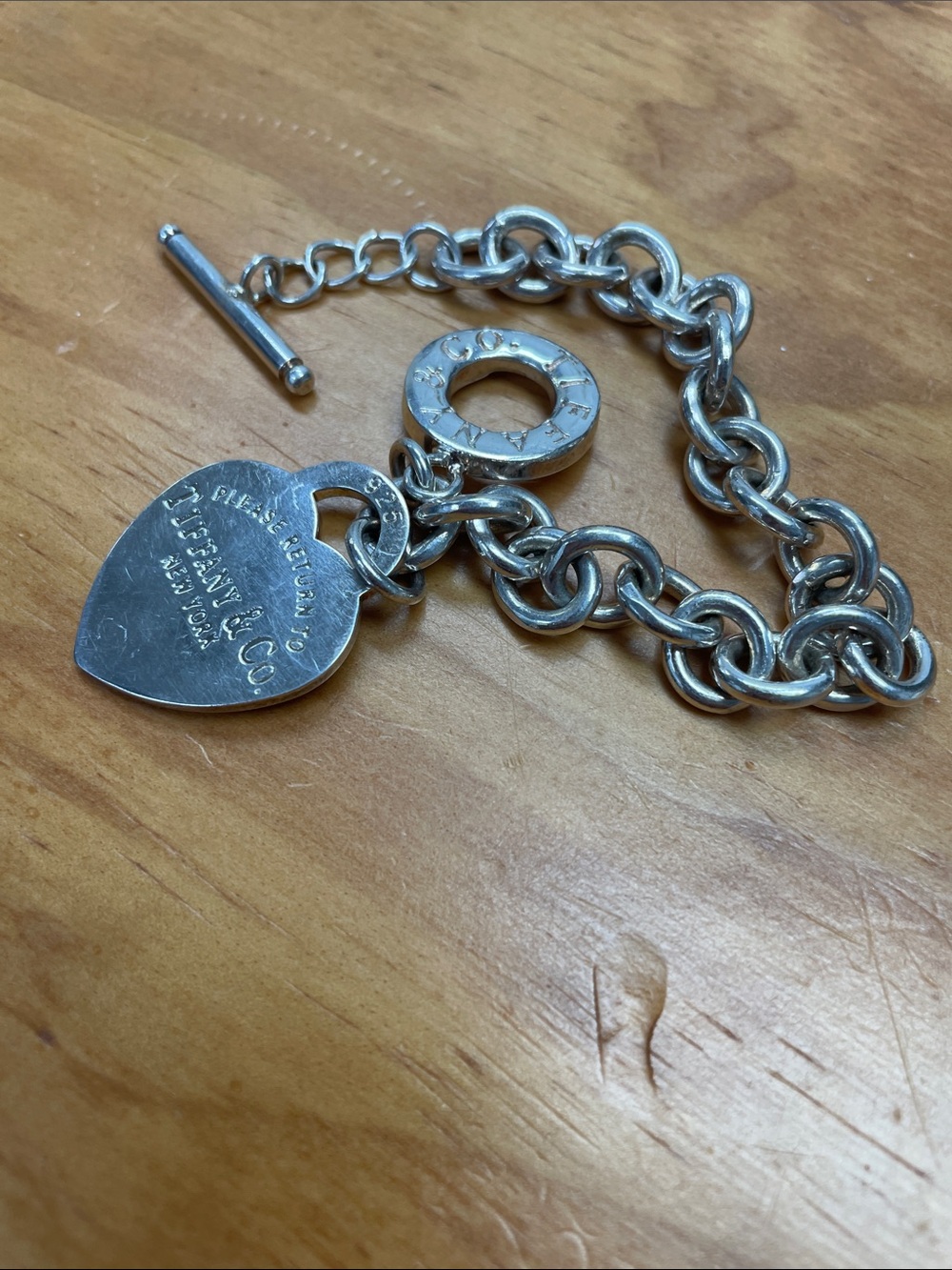 Tiffany & Co Sterling Silver Heart Tag Charm Toggle Clasp Bracelet. 7.5”